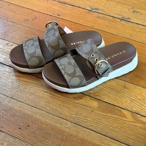 Coach Tan Slide Sandals with Signature Pattern and Small Platform